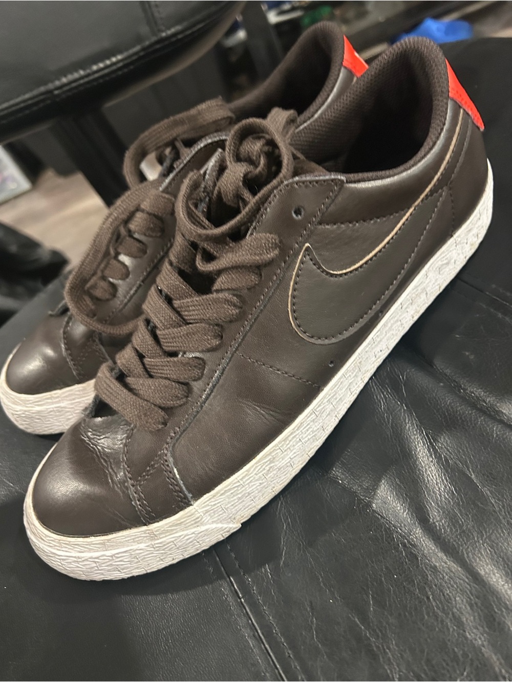 Nike Brown Leather Sneakers with White Sole and Red Heel Tab